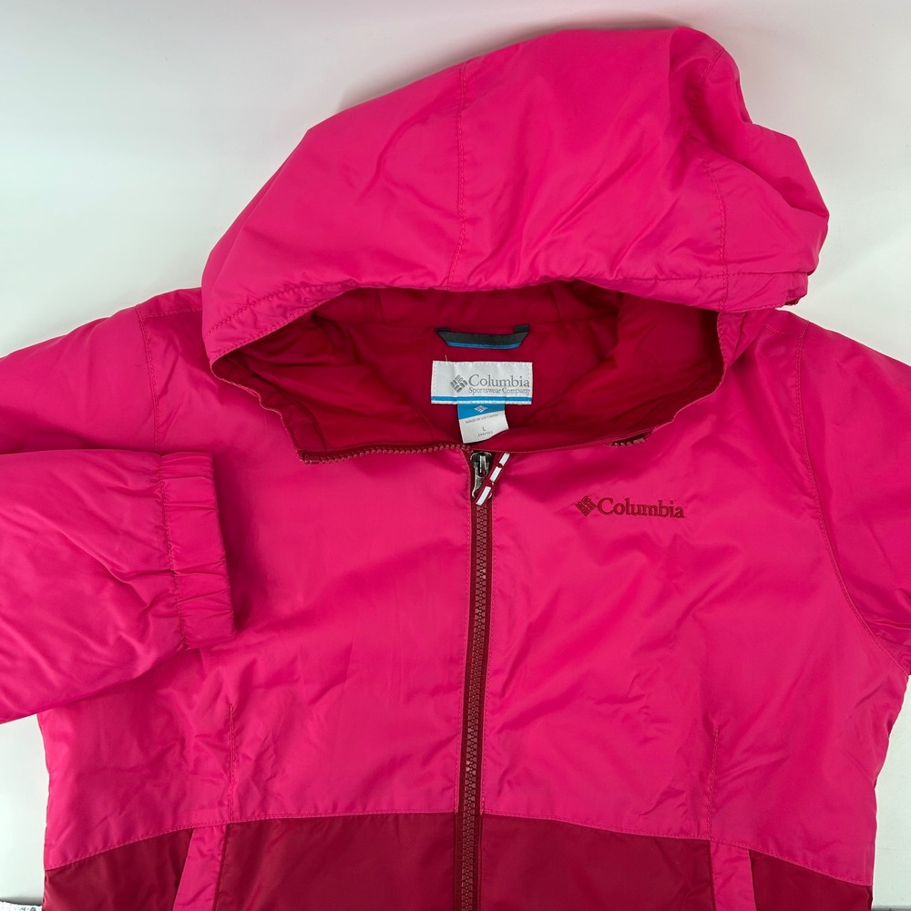 Columbia Windbreaker Jacket Girls L 14/16 Pink Colorblock Hooded Reflective